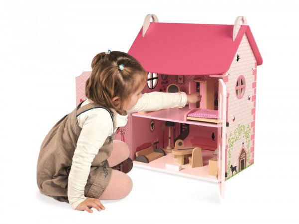 Dřevěný domeček pro panenky Mademoiselle Janod s příslušenstvím 11 ks nábytku od 3 let