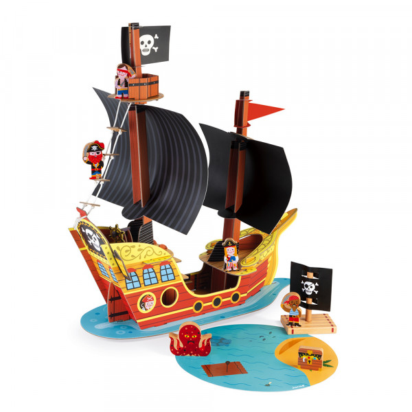 Kartonová stavebnice Pirátská loď s dřevěnými postavičkami Janod Story