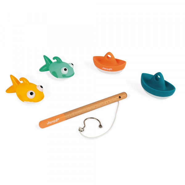 Hračka do vody dřevěná rybářská udice pro děti s loďkami a rybami Janod