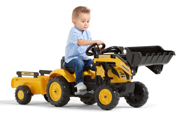 Traktor šlapací  Komatsu žlutý s přední lžící a valníkem